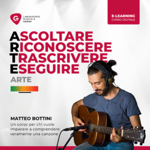Copertina corso A.R.T.E.: Matteo Bottini con chitarra acustica e cuffie insegna a trascrivere e comprendere la musica