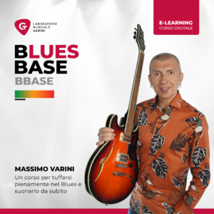 Copertina corso Blues Base: Massimo Varini con chitarra semiacustica insegna le basi del blues
