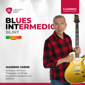 Copertina corso Blues Intermedio: Massimo Varini con chitarra semiacustica insegna blues di livello intermedio