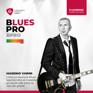 Copertina corso Blues Pro: Massimo Varini con chitarra elettrica insegna tecniche blues professionali