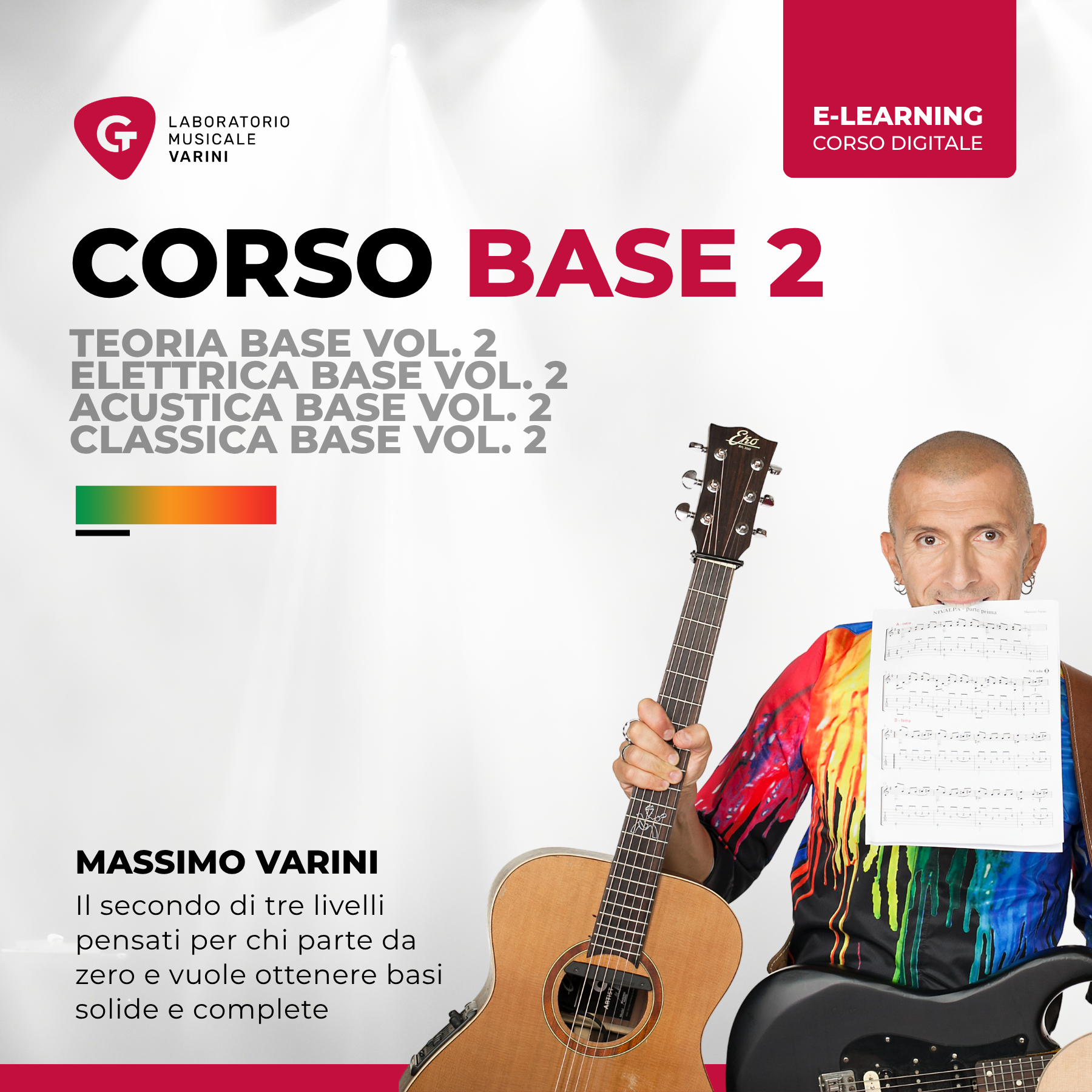 Copertina Corso Base 2: Massimo Varini con chitarra insegna il secondo livello per principianti