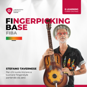 Copertina corso FIBA - Fingerpicking Base: Stefano Tavernese con chitarra resonator insegna le basi del fingerstyle