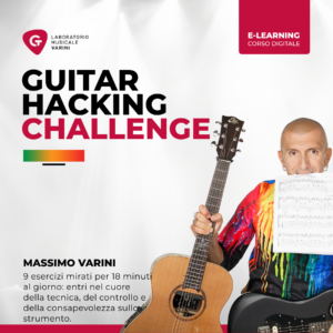Copertina corso Guitar Hacking Challenge: Massimo Varini con chitarra e spartiti propone 9 esercizi mirati in 18 minuti al giorno