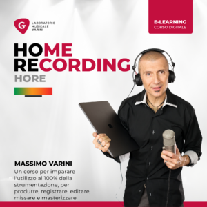 Copertina corso HORE - Home Recording: Massimo Varini con laptop, cuffie e microfono insegna a registrare e produrre musica