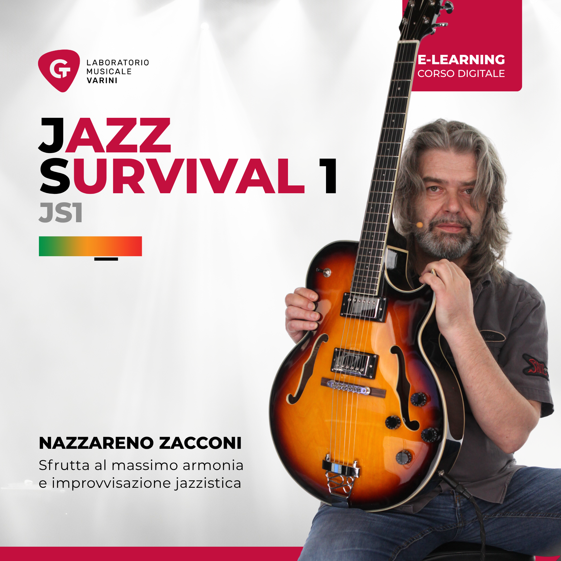 Copertina corso Jazz Survival Vol.1: Nazzareno Zacconi con chitarra semiacustica insegna armonia e improvvisazione jazz