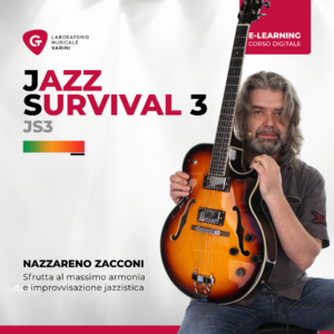 Copertina corso Jazz Survival Vol.3: Nazzareno Zacconi con chitarra semiacustica insegna improvvisazione jazz avanzata