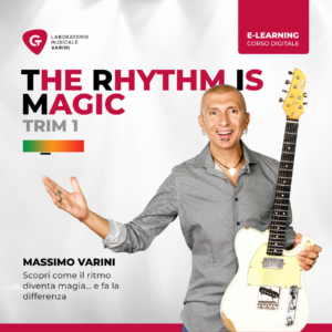 Copertina corso TRIM Vol.1 - The Rhythm Is Magic: Massimo Varini con chitarra elettrica insegna le basi della ritmica