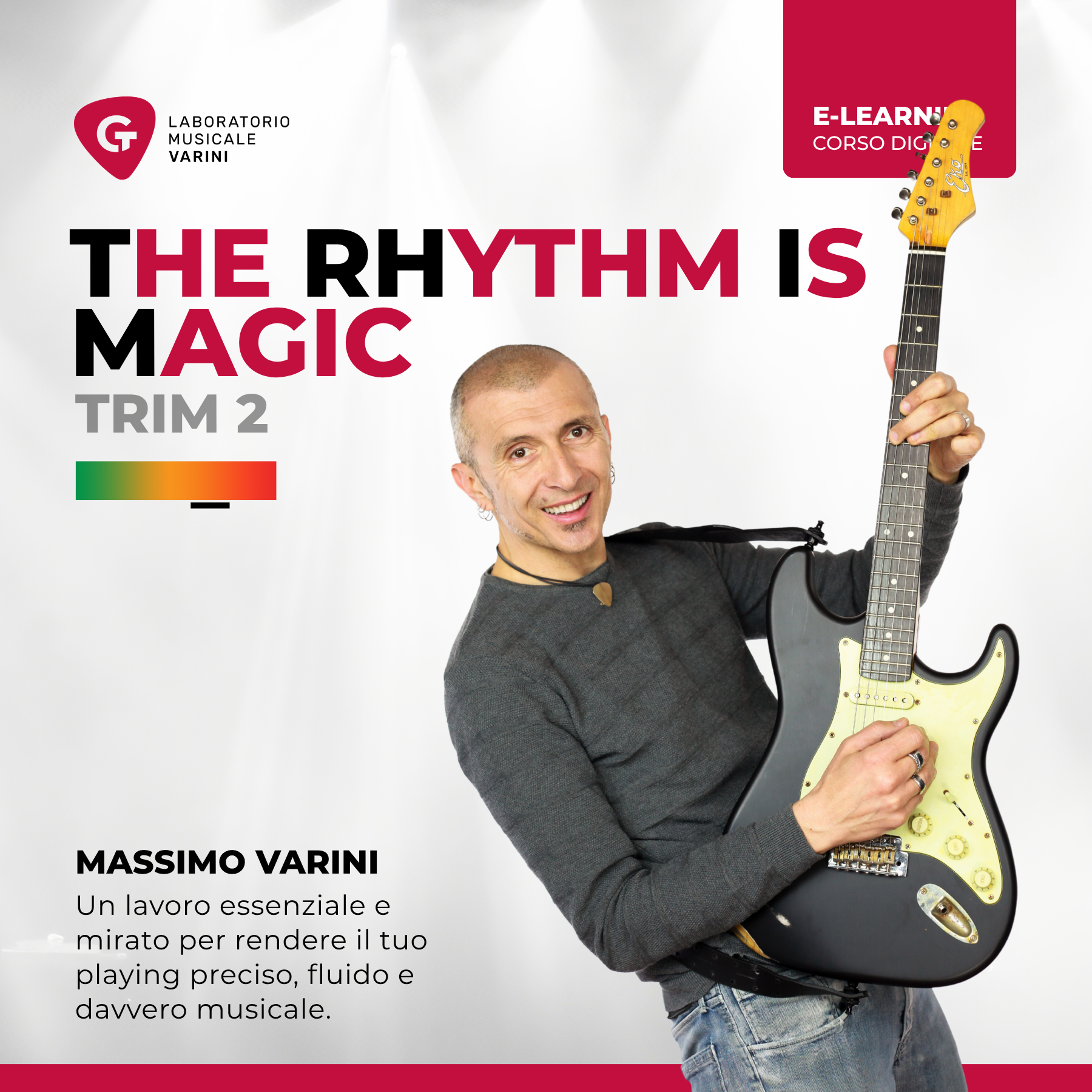 Copertina corso TRIM Vol.2 - The Rhythm Is Magic: Massimo Varini con chitarra elettrica insegna tecniche ritmiche avanzate