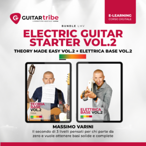 Copertina corso Electric Guitar Starter Vol.2: bundle per chitarra elettrica livello intermedio, tenuto da Massimo Varini